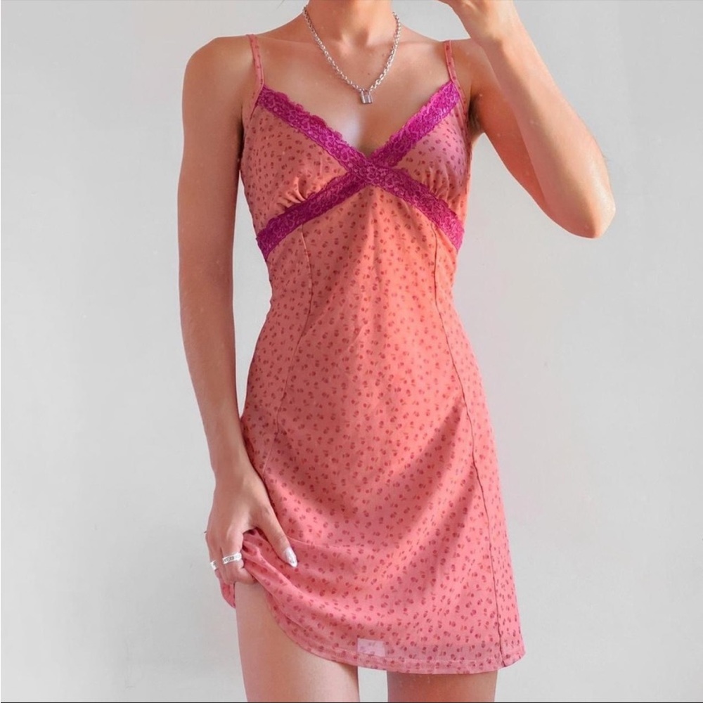 Urban Outfitters - Pink Floral Lace Mesh Slip Mini Dress